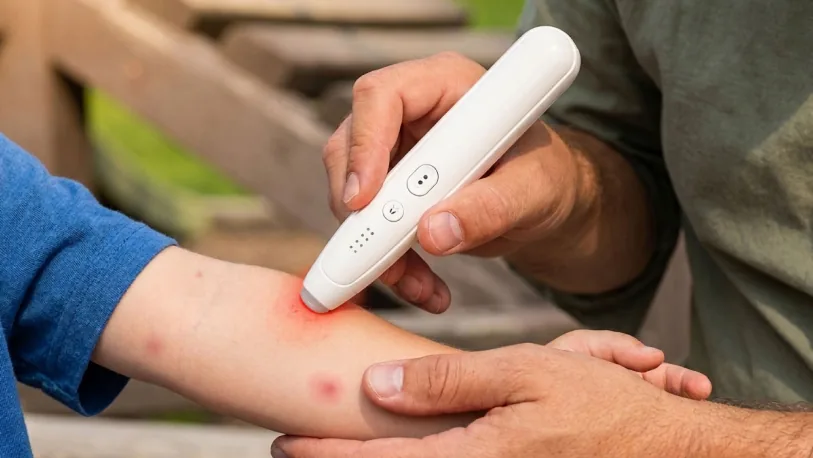 Adult treating a child's mosquito bites on the forearm with the relief pen