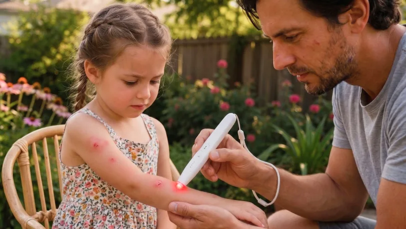 Father treating his daughter's insect bites in the garden